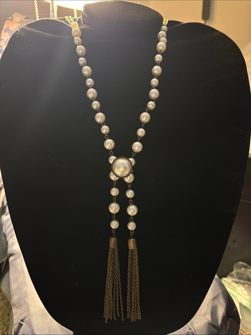 paparazzi Pearl Lariat Necklace with Antique Gold Tassels